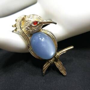 Vintage Bird Blue Moonglow Lucite Belly Brooch, Red Rhinestone Eyes Mid-Century